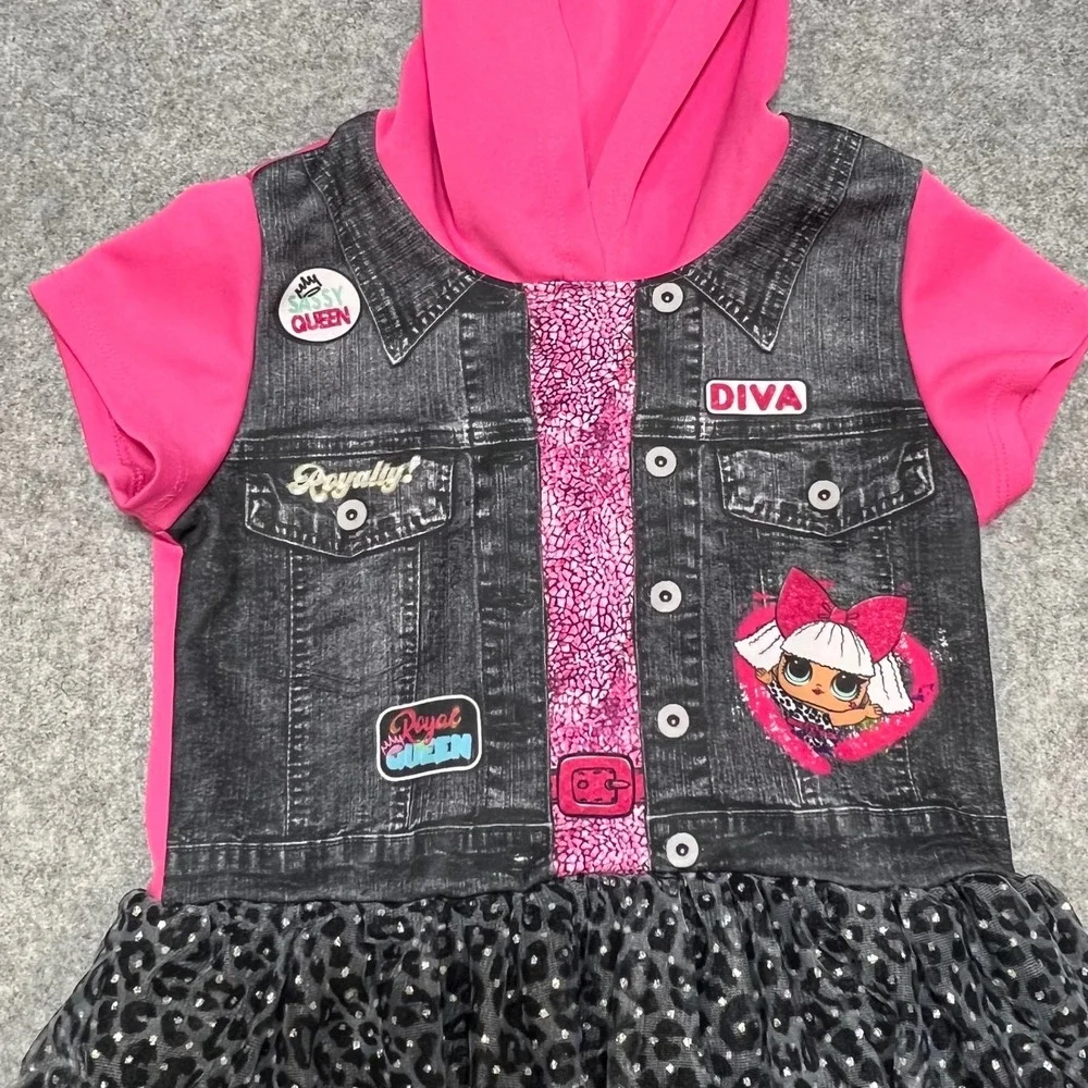 LOL Surprise Girls Pink Hooded Dress Diva Faux Denim Leopard Tulle Size 10/12